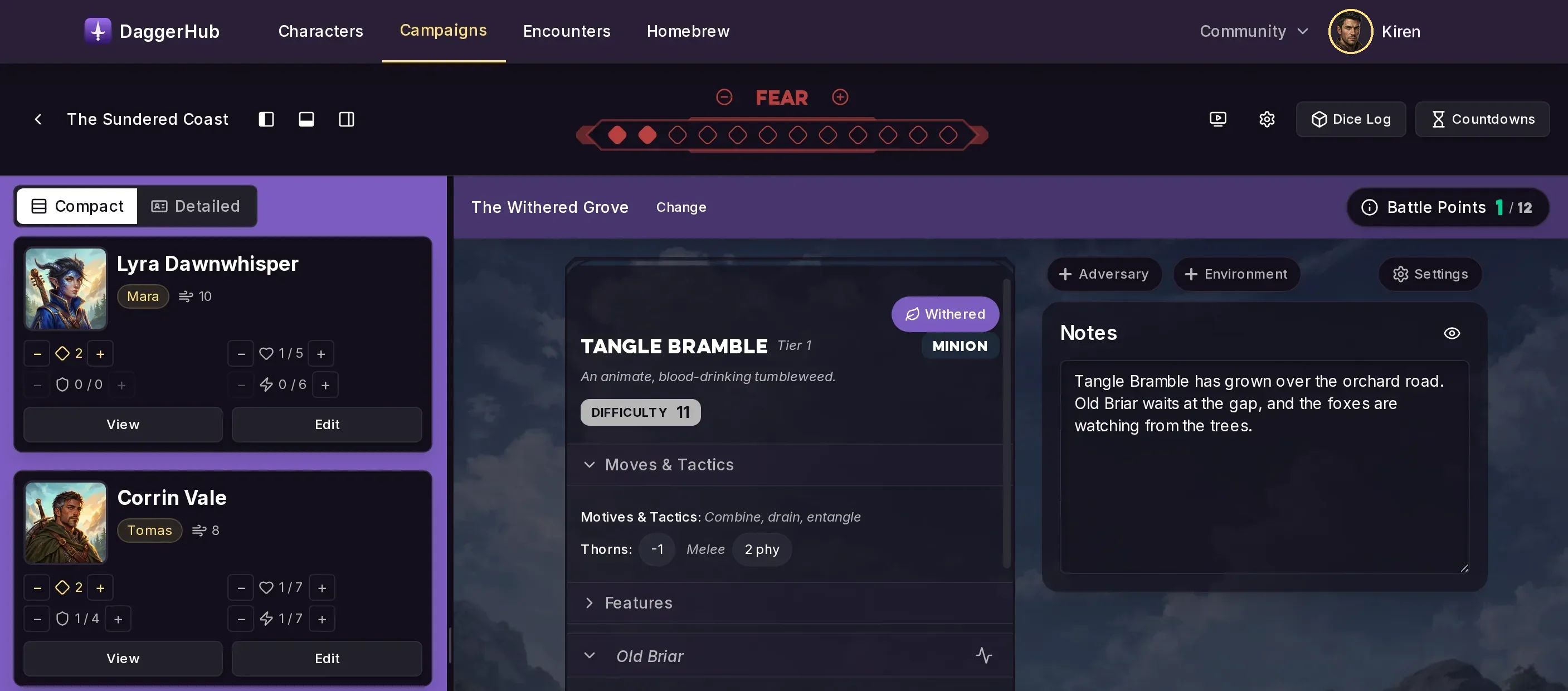 Live campaign dashboard for The Sundered Coast, showing the Fear tracker, party trackers for Lyra Dawnwhisper and Corrin Vale, and the Tangle Bramble adversary